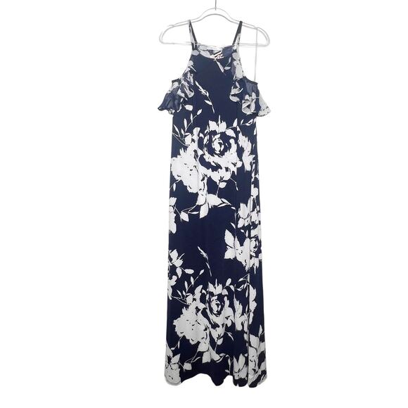 EMERALD Cold Shoulder Floral Maxi Dress Flutter Sleeve Chiffon Navy White Size L - Picture 1 of 10